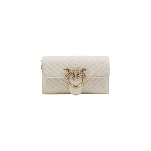 Cream-colored quilted leather clutch with gold-tone bird clasp from Pinko white leather shoulder bag collection