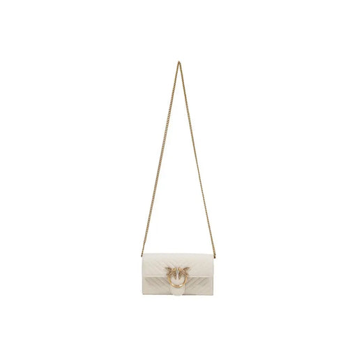 White leather shoulder bag by Pinko with quilted design gold-tone chain strap and embellished clasp interior pocket