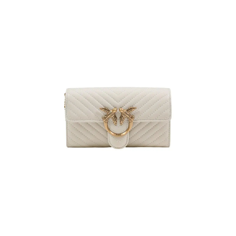 Cream-colored quilted leather clutch with gold-tone bird clasp from Pinko white leather shoulder bag collection