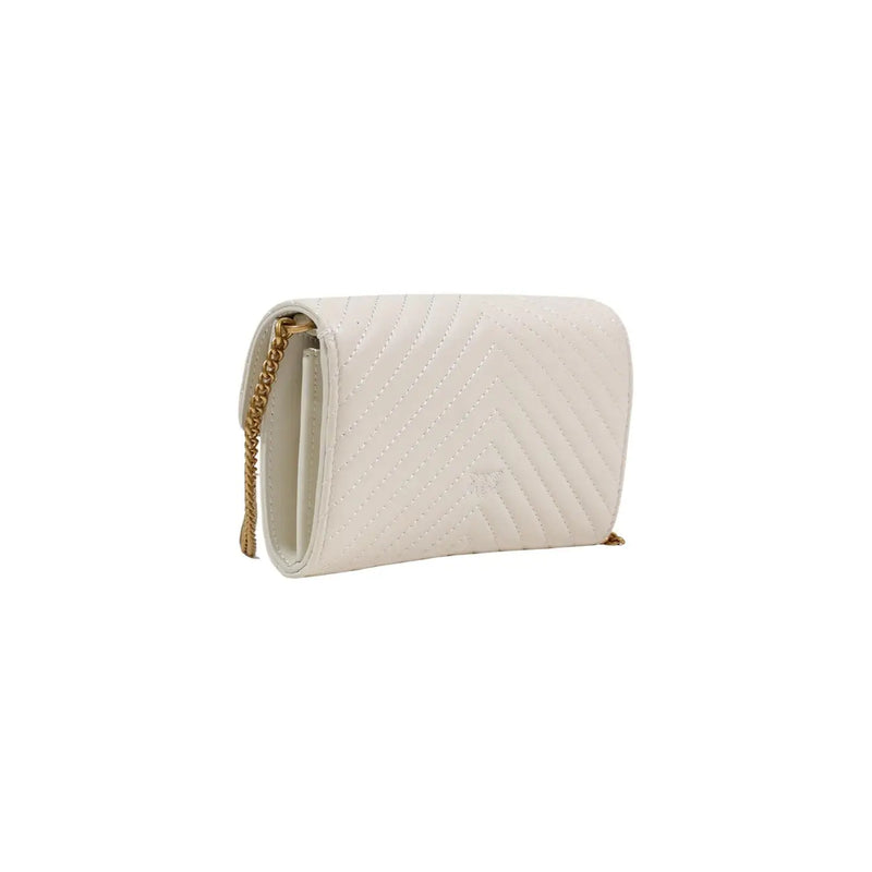 White leather shoulder bag by Pinko featuring quilted texture and gold-tone chain strap with interior pocket