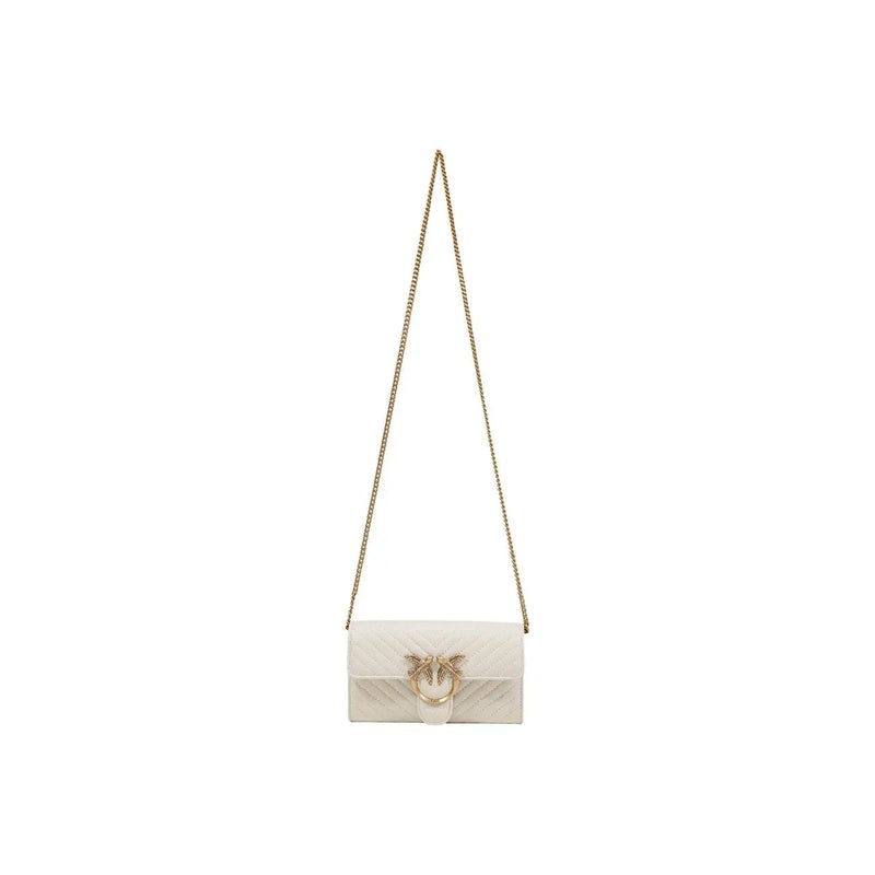 White leather shoulder bag by Pinko with quilted design gold-tone chain strap and embellished clasp interior pocket