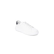 Calvin Klein Men’s White Leather Sneakers featuring a black heel accent