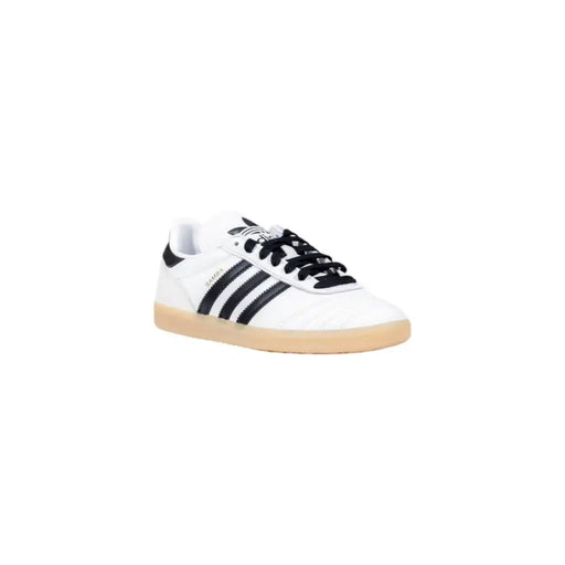 White leather slip-on sneakers with black stripes, laces, and gum sole for women