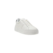 White leather low-top sneakers with a thick platform sole and subtle black heel accent shown from the back side