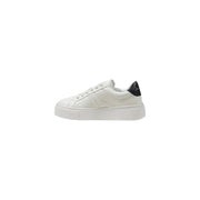 White leather low-top sneaker with black heel accent and thick white platform sole shown from the back side