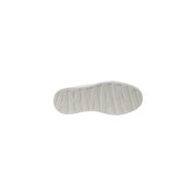 White leather sneakers with black heel accent showing the white rubber sole embossed with armani branding