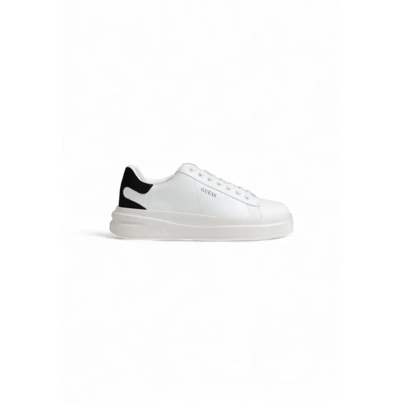 White leather sneakers with black accents from Guess Women Black Faux Leather Sporty Sneakers collection