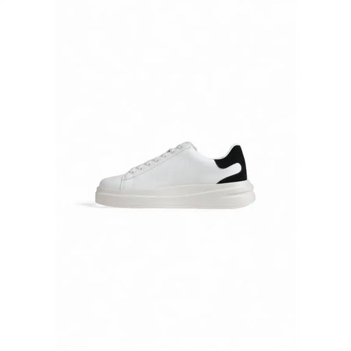 White leather sneakers with black heel accent from Guess Women Black Faux Leather Sporty Sneakers