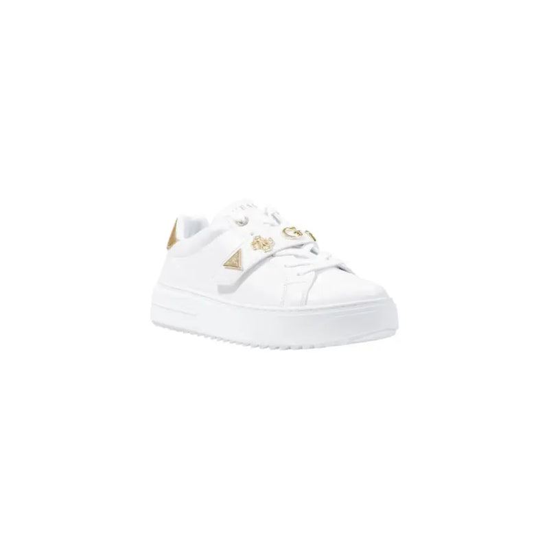 White leather Guess women sneakers with gold embellishments and hook-and-loop closure