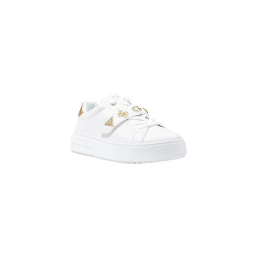 White leather Guess women sneakers with gold embellishments and hook-and-loop closure