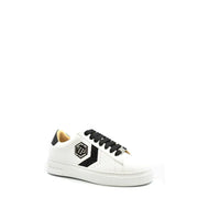 White leather Philipp Plein women’s fall winter sneakers with black laces and accents