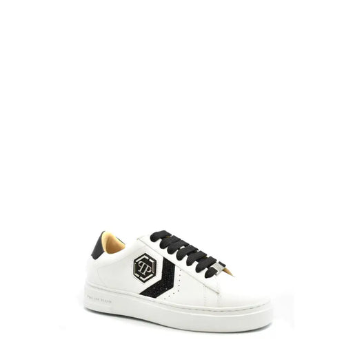 White leather Philipp Plein women’s fall winter sneakers with black laces and accents