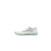 White and light blue Vans sneaker shown in a product image showcasing casual footwear style
