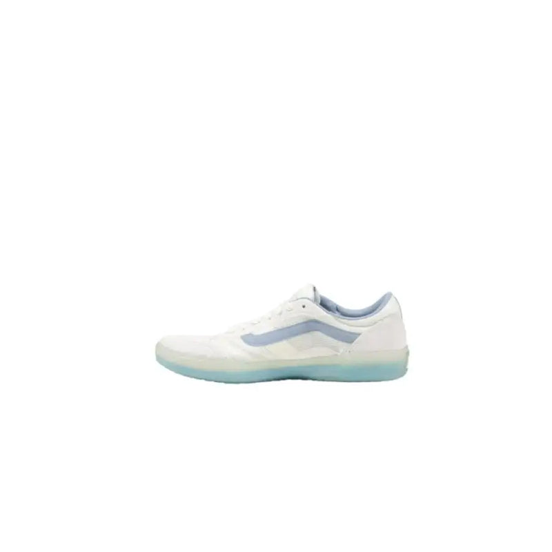 White and light blue Vans sneaker shown in a product image showcasing casual footwear style