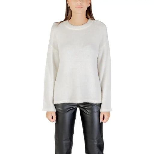 White long-sleeved fuzzy crew-neck sweater for women from Fall Winter Knitwear collection