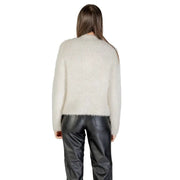 Cremefarbener, flauschiger Langarm-Strickpullover aus Polyester für Damen