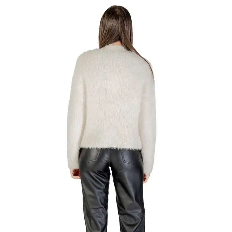 Cremefarbener, flauschiger Langarm-Strickpullover aus Polyester für Damen