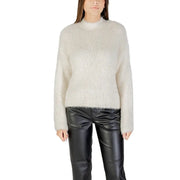 Weißer, langärmeliger Polyester-Strickpullover für Damen, weicher, cremefarbener, flauschiger Stehkragen