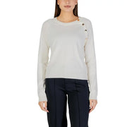 Cremefarbener, langärmeliger Damenstrickpullover top mit strukturiertem Strick und Schulterknöpfen