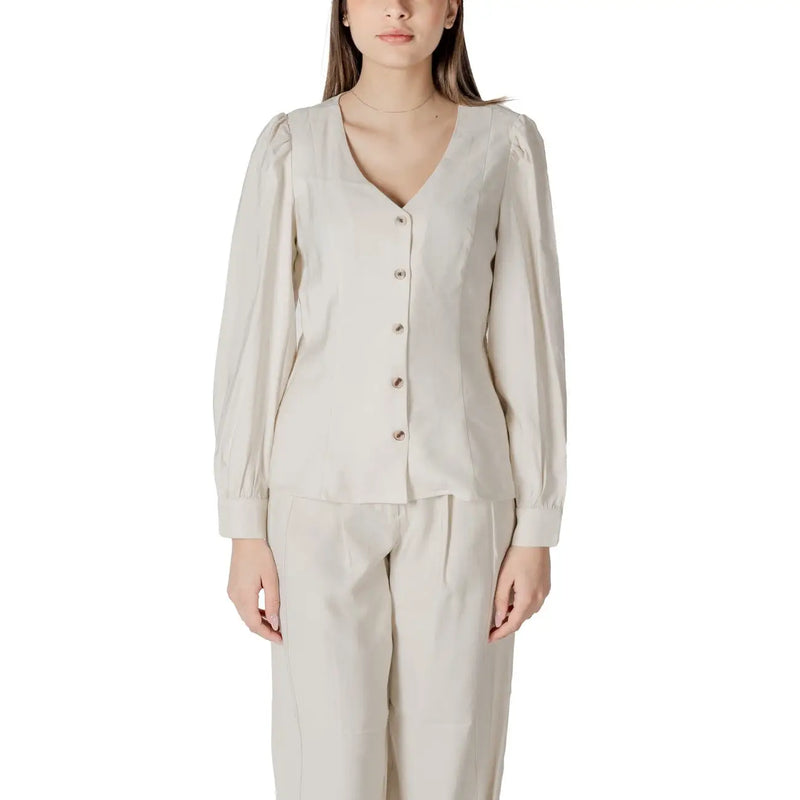 Beige viscose long-sleeve blouse for women with puffed shoulders v-neckline and button-up front