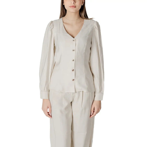 Beige viscose long-sleeve blouse for women with puffed shoulders v-neckline and button-up front