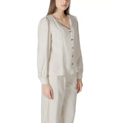 Beige long-sleeved viscose blouse for women with v-neck button-front closure and gathered puff sleeves