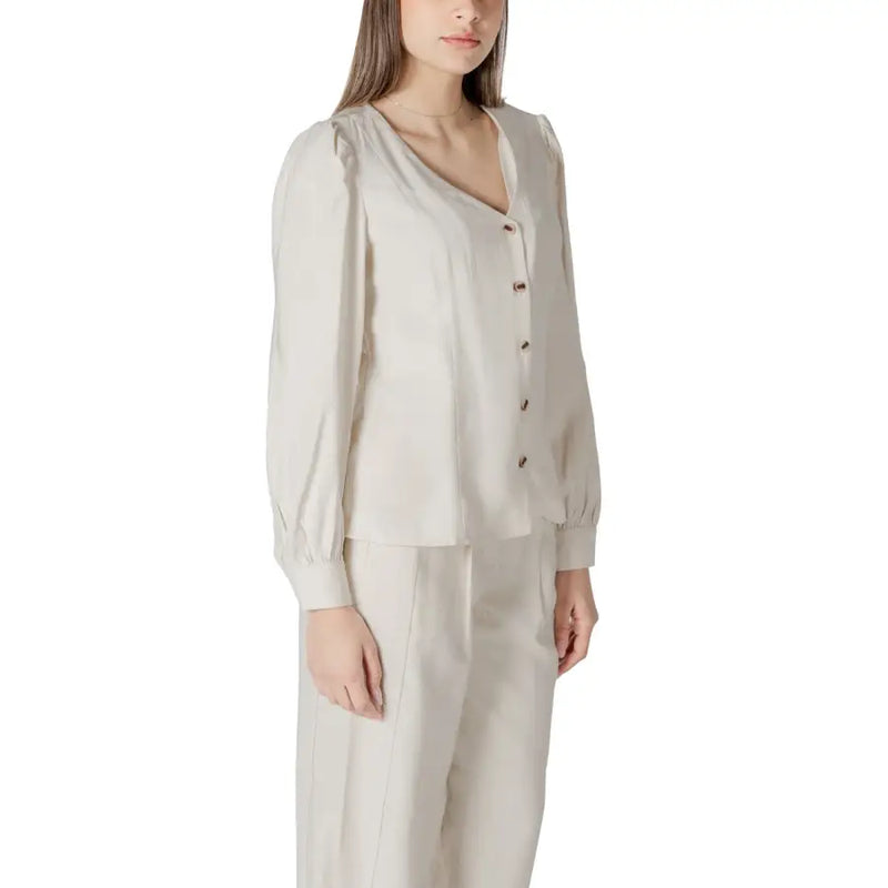 Beige long-sleeved viscose blouse for women with v-neck button-front closure and gathered puff sleeves
