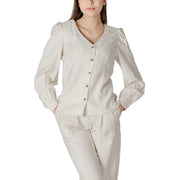 Cream-colored viscose long sleeve blouse for women with v-neckline and puffed shoulders