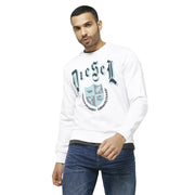 White long sleeved Diesel sweatshirt featuring a teal and black graphic design with stylized brand lettering above a shield emblem