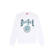 White long sleeved Diesel sweatshirt with teal and black embroidered shield logo on white fabric