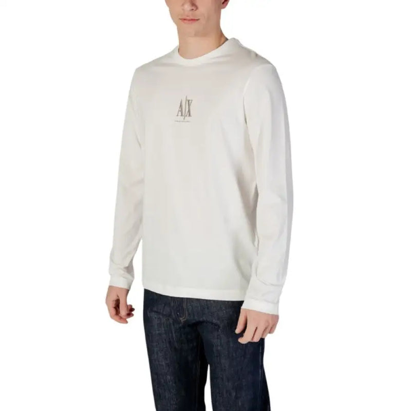 White long-sleeved Armani Exchange Men Printed Round Neck T-Shirt on display
