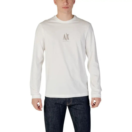 White long-sleeved Armani Exchange Men’s printed round neck t-shirt displayed online