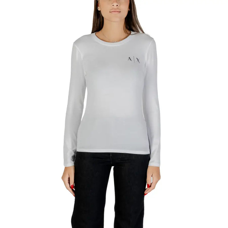 White long-sleeve crew neck T-shirt with small black AX logo for Armani Exchange Women