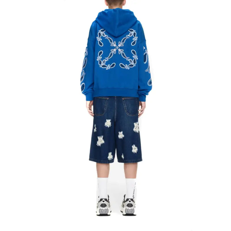 Off white men sweatshirt with hood featuring a blue hoodie with white embroidered bandana patterns and single pocket