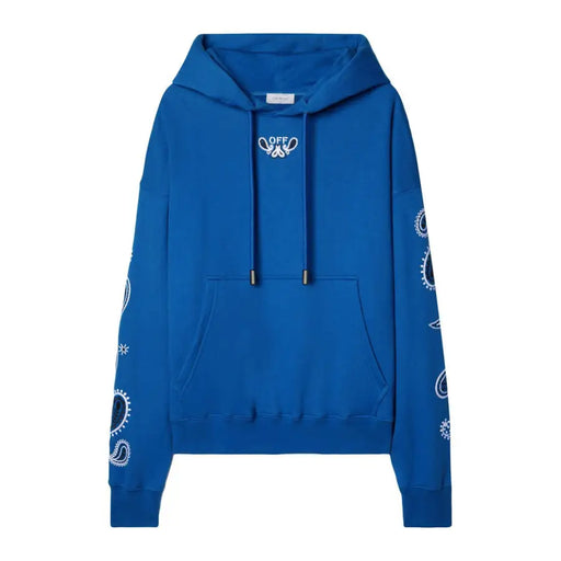 Royal blue off white hoodie with white bandana print, embroidered logo, single pocket, and light blue design
