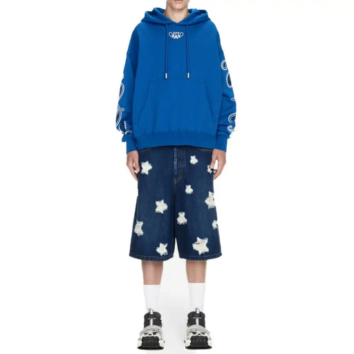 Men’s blue hoodie with distressed denim shorts featured in Off White Men Sweatshirt product image