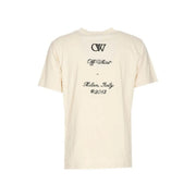 Cream-colored off-white men t-shirt with black embroidered logo and text on the back side