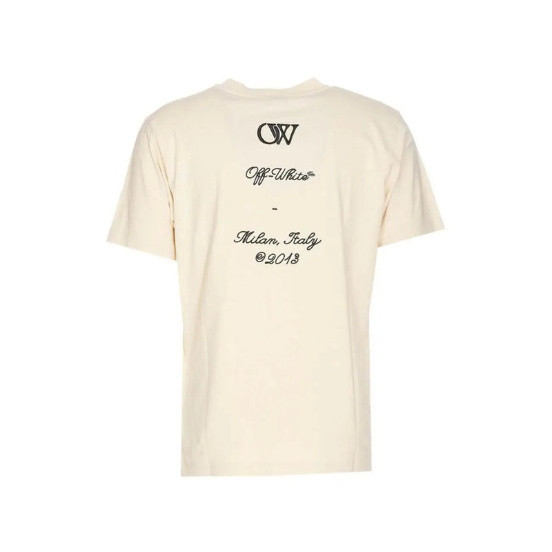 Cream-colored off-white men t-shirt with black embroidered logo and text on the back side