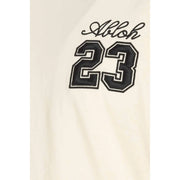 Off-white men t-shirt in cream featuring black embroidered aloha script above bold stitched number 23 with white trim