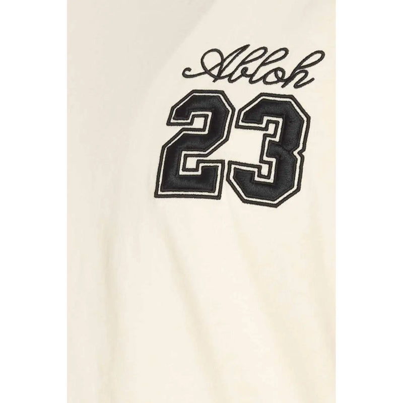 Off-white men t-shirt in cream featuring black embroidered aloha script above bold stitched number 23 with white trim