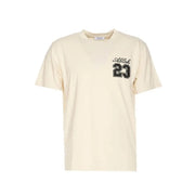Off-white men t-shirt in cream cotton featuring a black embroidered abloh 23 logo on the chest