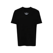 Black off white men t shirt with white embroidered logo on the chest suitable for casual wear