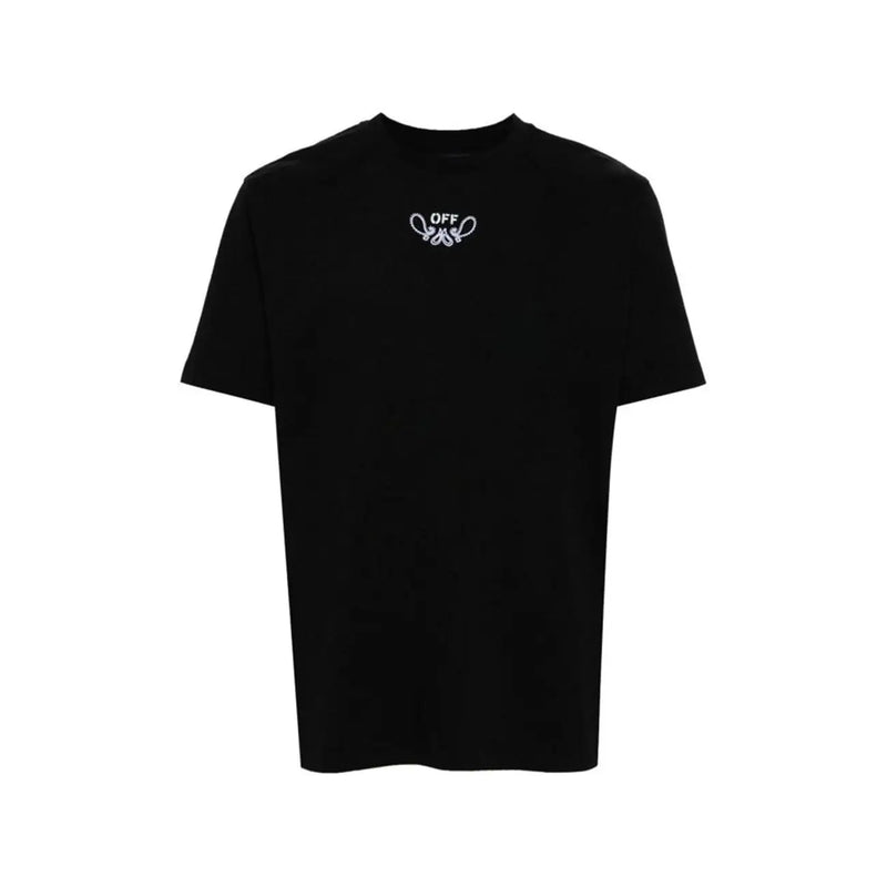 Black off white men t shirt with white embroidered logo on the chest suitable for casual wear