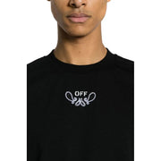 Black off-white men crewneck t-shirt featuring a white embroidered off logo with decorative paisley swirls