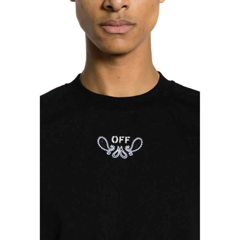 Black off-white men crewneck t-shirt featuring a white embroidered off logo with decorative paisley swirls
