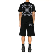 Off-white men t-shirt back view black short-sleeved with intricate white embroidered floral pattern and matching shorts emblem