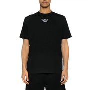 Off-white men t-shirt in black cotton with a white embroidered off logo and front knot design on the chest