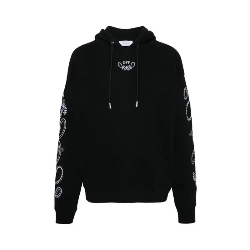 Black hooded sweatshirt with white paisley pattern on sleeves and chest for Off White Men’s Long Sleeve Hoodie