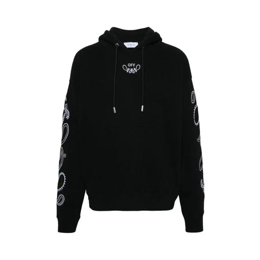Black hooded sweatshirt with white paisley pattern on sleeves and chest for Off White Men’s Long Sleeve Hoodie