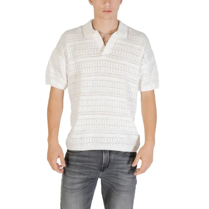 White open-knit polo shirt displayed on a product labeled Black Knit Polo Shirt